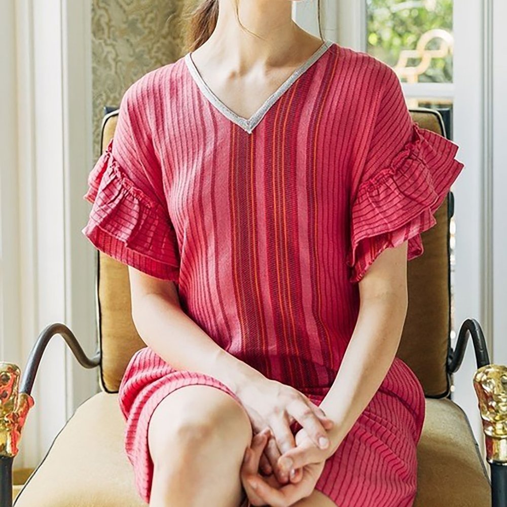 THML Pink Striped V-Neck Ruffle Sleeve Dress